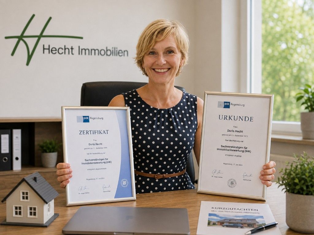 Doris Hecht mit IHK-Zertifikaten zur Immobilienbewertung und Kurzgutachten im Büro von Hecht Immobilien
