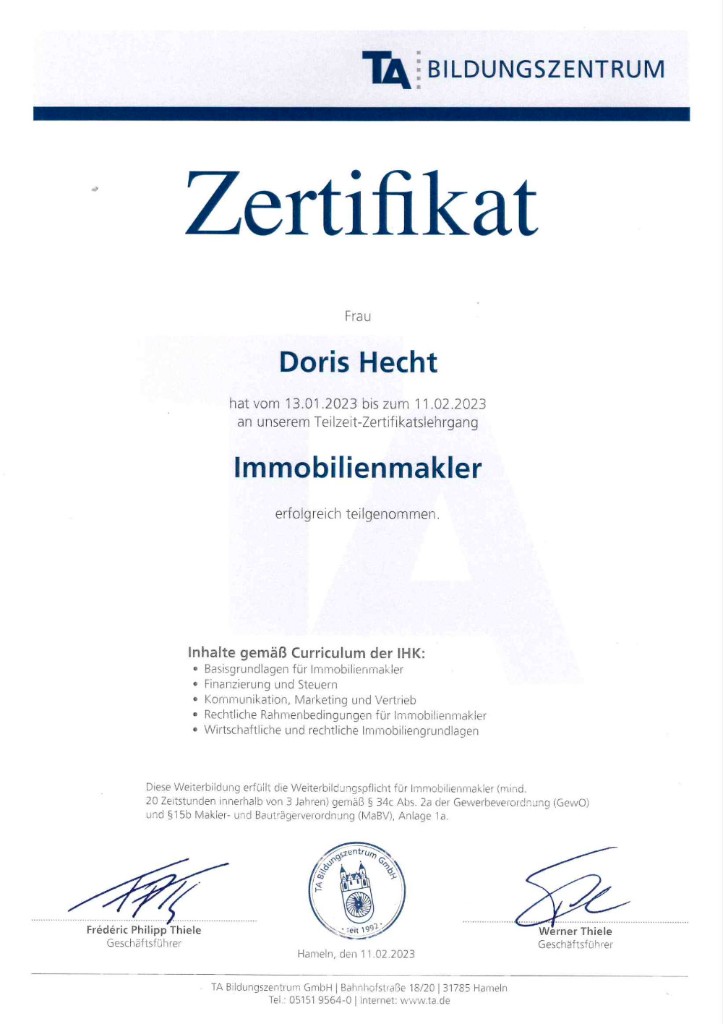 Zertifikat Immobilienmakler (TA Bildungszentrum) – Frau Doris Hecht, ausgestellt in Hameln am 11.02.2023